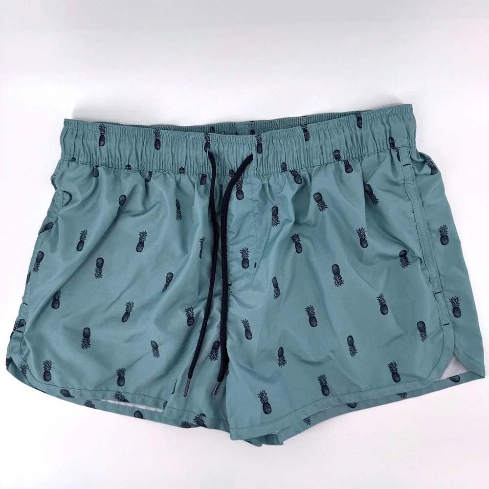 H&M Mens Size Medium Pineapple‎ Print Swim Trunks Dusty Blue Teal Mesh Lining 3